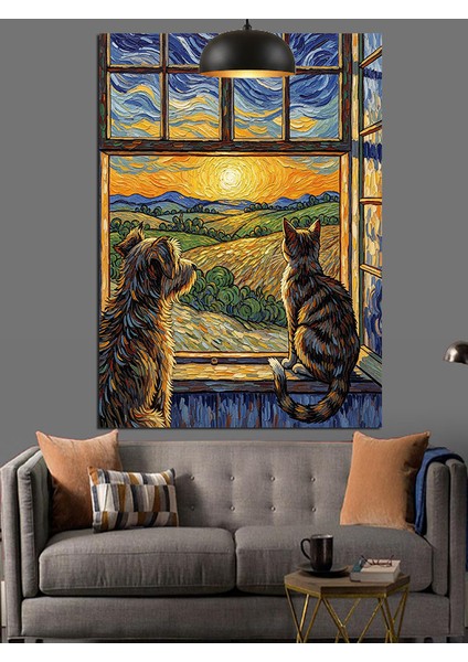 Pencerede Oturan Kahverengi Tüylü Kedi Dekoratif Kanvas - Mdf Ahşap Tablo