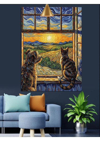 Pencerede Oturan Kahverengi Tüylü Kedi Dekoratif Kanvas - Mdf Ahşap Tablo fiyatları