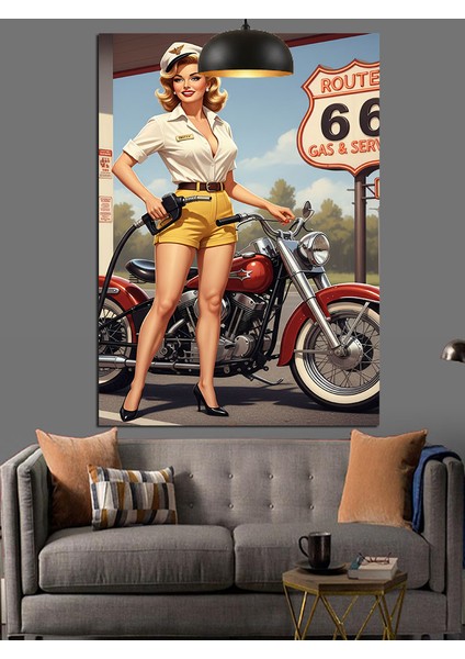 Route 66'da Poz Veren Bir Kadın Dekoratif Kanvas - Mdf Ahşap Tablo