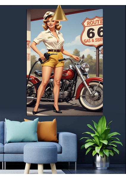 Route 66'da Poz Veren Bir Kadın Dekoratif Kanvas - Mdf Ahşap Tablo fiyatları