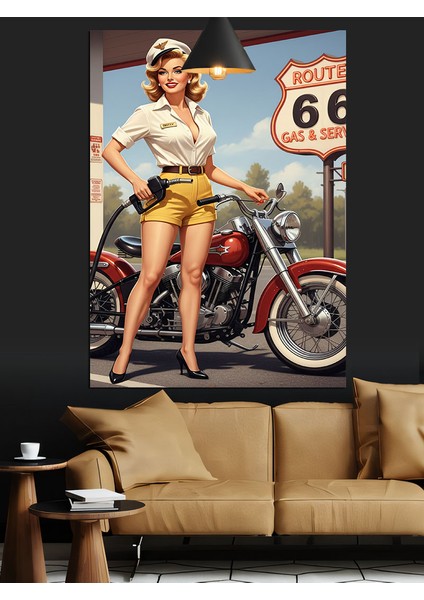 Route 66'da Poz Veren Bir Kadın Dekoratif Kanvas - Mdf Ahşap Tablo modelleri
