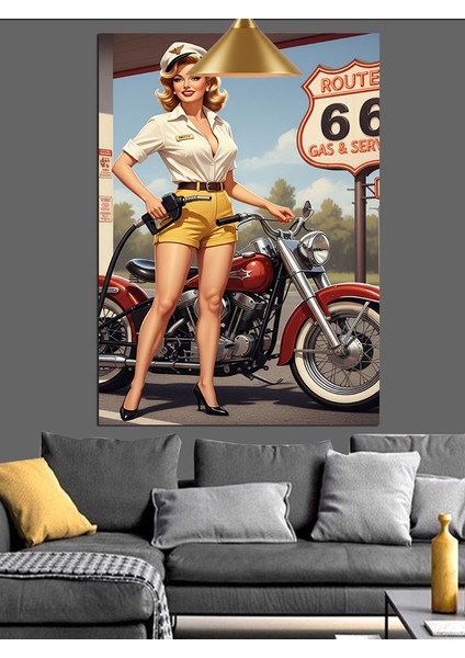 Route 66'da Poz Veren Bir Kadın Dekoratif Kanvas - Mdf Ahşap Tablo fırsatları