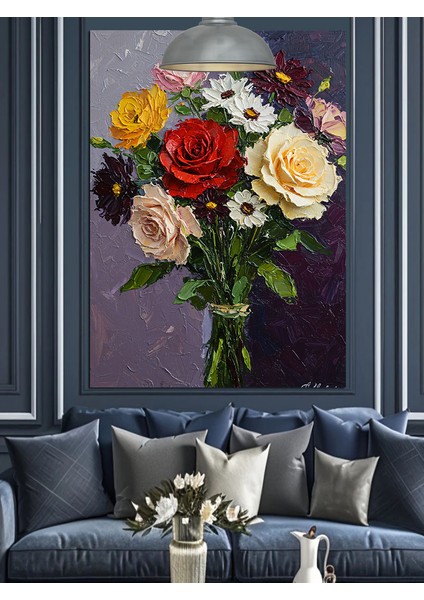 Vazoda Canlı Renkli Çiçeklerin Buketi Dekoratif Kanvas - Mdf Ahşap Tablo