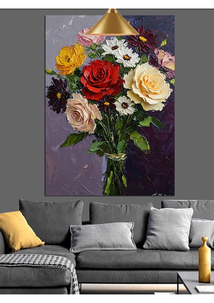Vazoda Canlı Renkli Çiçeklerin Buketi Dekoratif Kanvas - Mdf Ahşap Tablo indirimleri