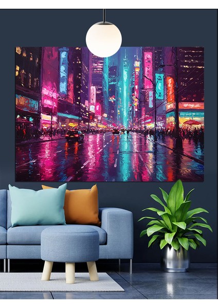 Neon Işıklı Şehir Gecesi Dekoratif Kanvas - Mdf Ahşap Tablo fiyatları