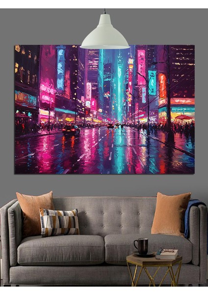 Neon Işıklı Şehir Gecesi Dekoratif Kanvas - Mdf Ahşap Tablo indirimleri