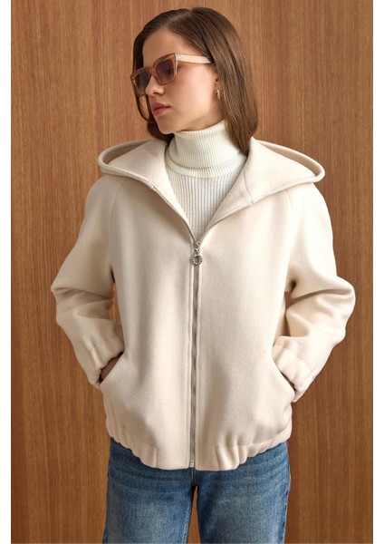 Kapüşonlu Beli Lastikli Oversize Kısa Kaban EKRU 3162 indirimleri