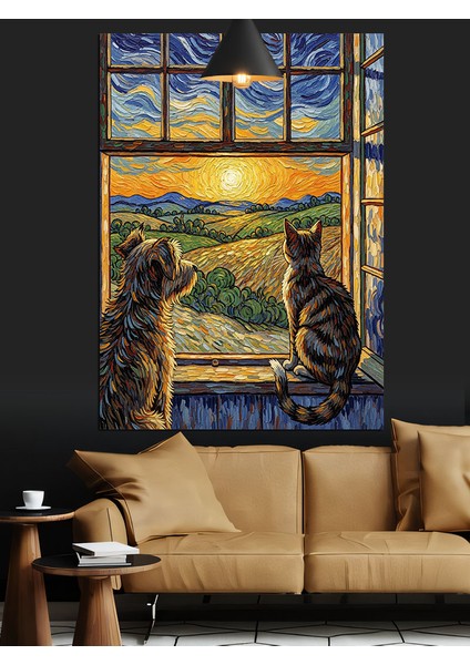 Pencerede Oturan Kahverengi Tüylü Kedi Dekoratif Kanvas - Mdf Ahşap Tablo modelleri