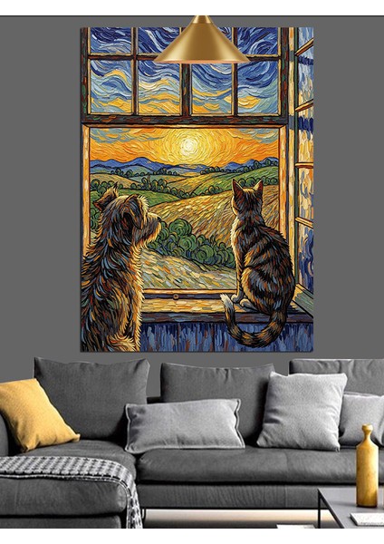 Pencerede Oturan Kahverengi Tüylü Kedi Dekoratif Kanvas - Mdf Ahşap Tablo fırsatları