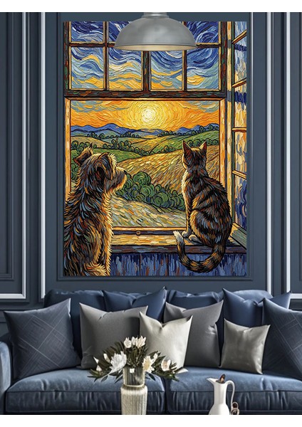 Pencerede Oturan Kahverengi Tüylü Kedi Dekoratif Kanvas - Mdf Ahşap Tablo indirimleri