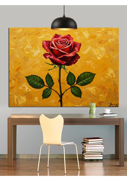 Tek Kırmızı Gül Yağlı Boya Dekoratif Kanvas - Mdf Ahşap Tablo