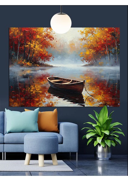 Sonbahar Gölü Tekne Manzarası Dekoratif Kanvas - Mdf Ahşap Tablo