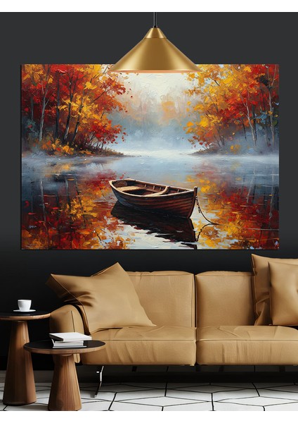Sonbahar Gölü Tekne Manzarası Dekoratif Kanvas - Mdf Ahşap Tablo fiyatları
