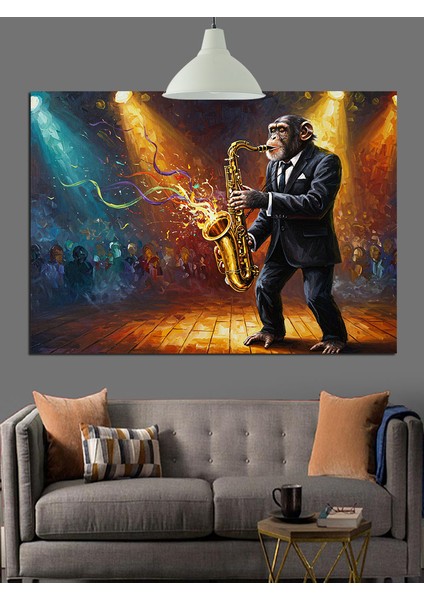 Saksofon Çalan Maymun Dekoratif Kanvas - Mdf Ahşap Tablo
