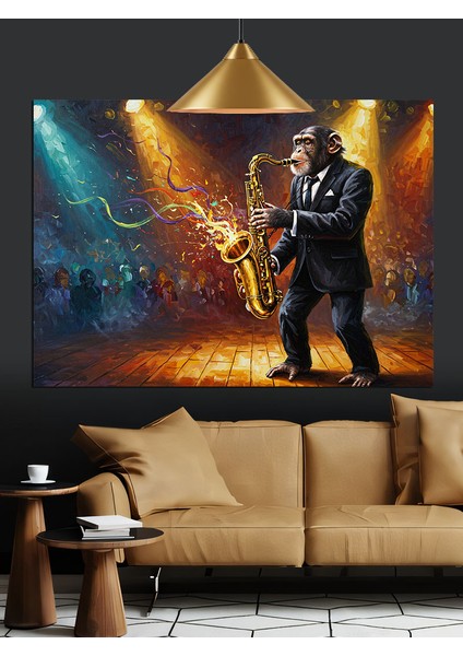 Saksofon Çalan Maymun Dekoratif Kanvas - Mdf Ahşap Tablo fırsatları