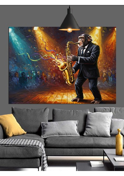 Saksofon Çalan Maymun Dekoratif Kanvas - Mdf Ahşap Tablo indirimleri