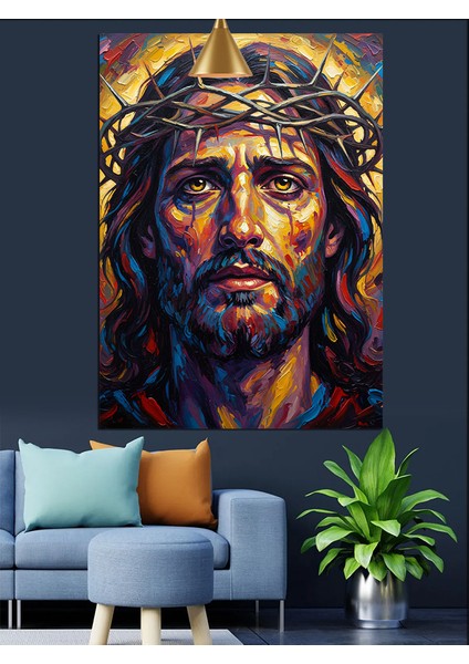 Taç Giymiş Mavi Gözlü Acı Çeken Isa Figürü Dekoratif Kanvas - Mdf Ahşap Tablo fiyatları