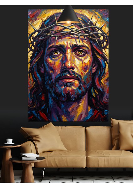 Taç Giymiş Mavi Gözlü Acı Çeken Isa Figürü Dekoratif Kanvas - Mdf Ahşap Tablo modelleri