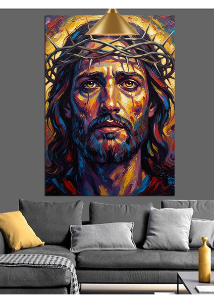 Taç Giymiş Mavi Gözlü Acı Çeken Isa Figürü Dekoratif Kanvas - Mdf Ahşap Tablo fırsatları