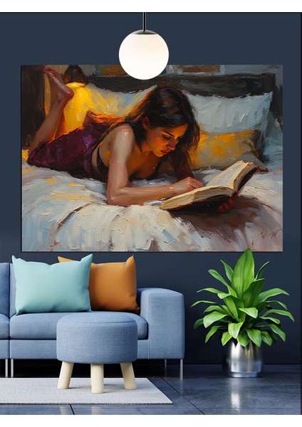 Yatakta Kitap Okuyan Kadın Dekoratif Kanvas - Mdf Ahşap Tablo