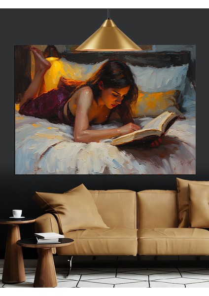 Yatakta Kitap Okuyan Kadın Dekoratif Kanvas - Mdf Ahşap Tablo fiyatları