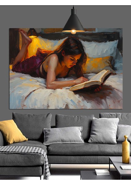 Yatakta Kitap Okuyan Kadın Dekoratif Kanvas - Mdf Ahşap Tablo modelleri