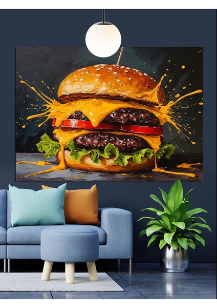 Büyük Peynirli Burger Sandviç Dekoratif Kanvas - Mdf Ahşap Tablo