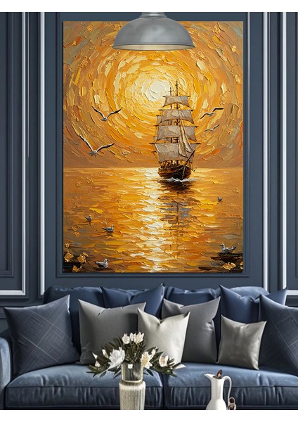 Ufukta Yelkenli Teknelerle Deniz Manzarası Dekoratif Kanvas - Mdf Ahşap Tablo fırsatları