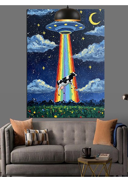 Ufo ve Inek Dekoratif Kanvas - Mdf Ahşap Tablo