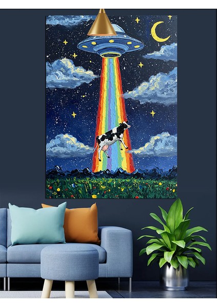 Ufo ve Inek Dekoratif Kanvas - Mdf Ahşap Tablo fiyatları
