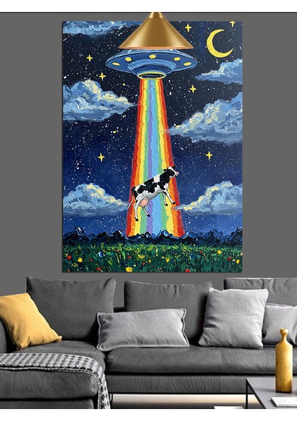 Ufo ve Inek Dekoratif Kanvas - Mdf Ahşap Tablo fırsatları