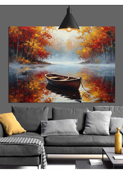 Sonbahar Gölü Tekne Manzarası Dekoratif Kanvas - Mdf Ahşap Tablo modelleri
