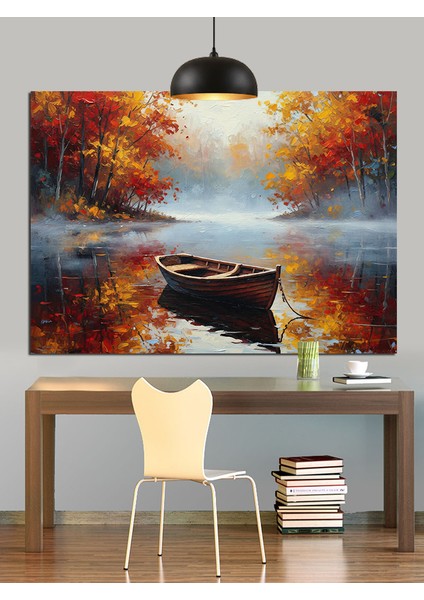 Sonbahar Gölü Tekne Manzarası Dekoratif Kanvas - Mdf Ahşap Tablo indirimleri