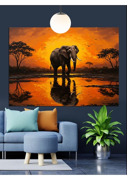 Gün Batımı Fil Silüeti Dekoratif Kanvas - Mdf Ahşap Tablo