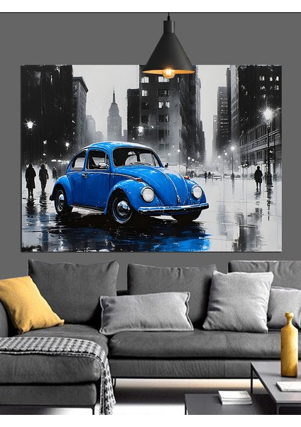 Mavi Klasik Araba Yağmurlu Şehir Dekoratif Kanvas - Mdf Ahşap Tablo