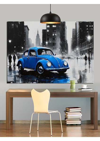 Mavi Klasik Araba Yağmurlu Şehir Dekoratif Kanvas - Mdf Ahşap Tablo modelleri