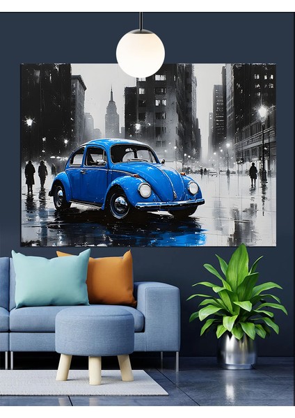Mavi Klasik Araba Yağmurlu Şehir Dekoratif Kanvas - Mdf Ahşap Tablo fırsatları