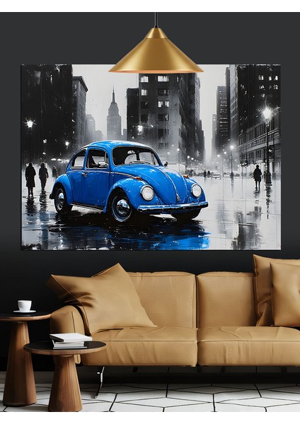 Mavi Klasik Araba Yağmurlu Şehir Dekoratif Kanvas - Mdf Ahşap Tablo indirimleri