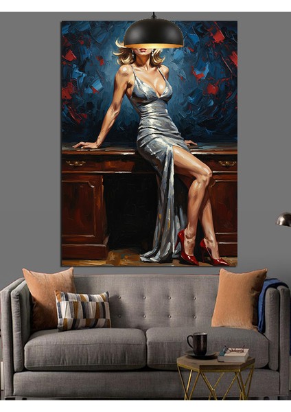 Uzun Zarif Elbise Giymiş Oturan Sarışın Kadın Dekoratif Kanvas - Mdf Ahşap Tablo fiyatları