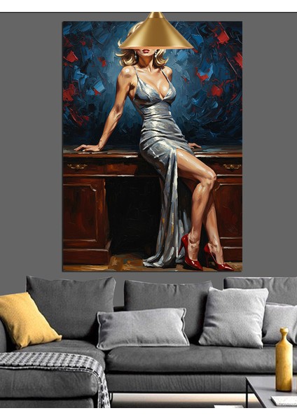 Uzun Zarif Elbise Giymiş Oturan Sarışın Kadın Dekoratif Kanvas - Mdf Ahşap Tablo indirimleri