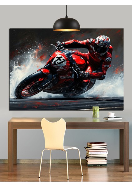 Kırmızı Spor Motosiklet Sürücüsü Dekoratif Kanvas - Mdf Ahşap Tablo
