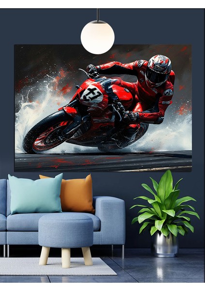 Kırmızı Spor Motosiklet Sürücüsü Dekoratif Kanvas - Mdf Ahşap Tablo fiyatları