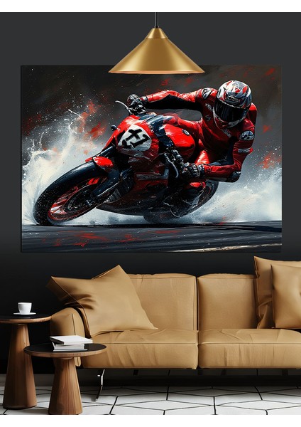 Kırmızı Spor Motosiklet Sürücüsü Dekoratif Kanvas - Mdf Ahşap Tablo modelleri