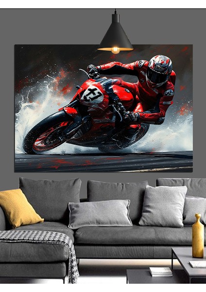 Kırmızı Spor Motosiklet Sürücüsü Dekoratif Kanvas - Mdf Ahşap Tablo fırsatları