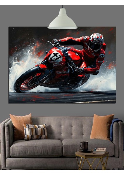 Kırmızı Spor Motosiklet Sürücüsü Dekoratif Kanvas - Mdf Ahşap Tablo indirimleri