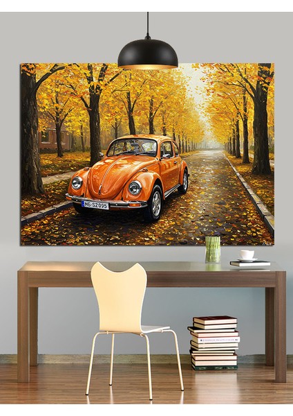 Turuncu Vintage Araba Yol Manzarası Dekoratif Kanvas - Mdf Ahşap Tablo