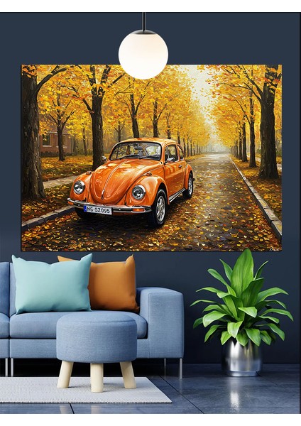 Turuncu Vintage Araba Yol Manzarası Dekoratif Kanvas - Mdf Ahşap Tablo fiyatları