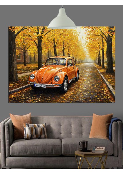 Turuncu Vintage Araba Yol Manzarası Dekoratif Kanvas - Mdf Ahşap Tablo indirimleri