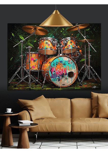 Renkli Boyalı Davul Seti Enstrüman Dekoratif Kanvas - Mdf Ahşap Tablo