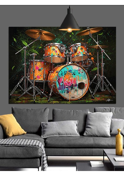 Renkli Boyalı Davul Seti Enstrüman Dekoratif Kanvas - Mdf Ahşap Tablo fiyatları